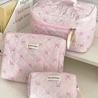 3 قطع/مجموعة حقيبة مكياج وردية بشكل فيونكة، منظم مستحضرات التجميل سهل الحمل مع سحاب، صندوق تخزين متعدد الوظائف بطراز حلو، هدية عيد الأم، هدية لأفضل صديقة، هدية للمعلمة. حقيبة مكياج، منظم مكياج، علبة مكياج، تخزين مكياج، تخزين مجوهرات، تخزين لمعة الشفاه، تخزين طلاء الأظافر، حقيبة مستحضرات التجميل، صندوق منظم المكياج، حقيبة منظم المكياج، حقيبة منظم المكياج، حقيبة مكياج