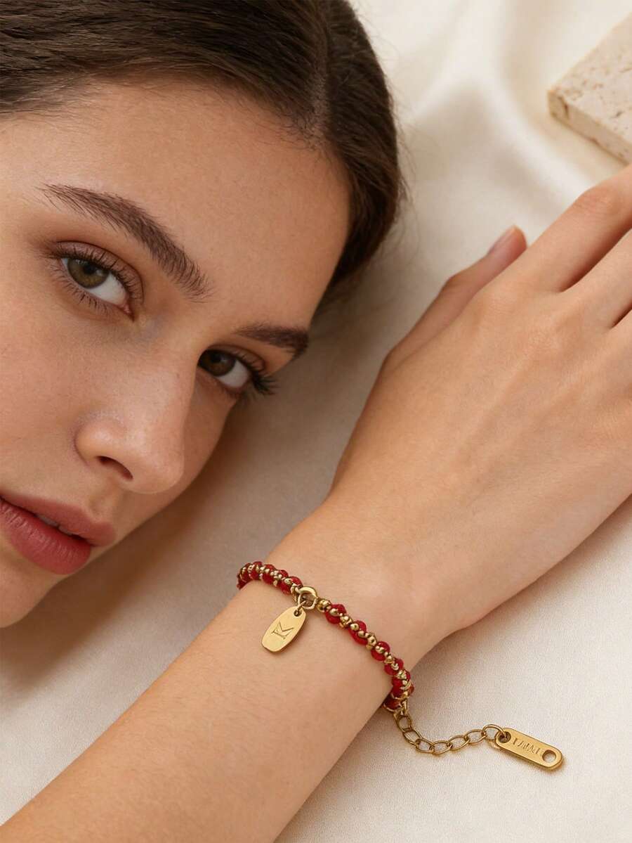 1pc Women's Chinese Style Bracelet, Titanium Steel Red Rope Braided Lucky Bead Design, Suitable As Gift For Friends, Birthday, Party, Music Festival - Lucky Bead Bracelet - View 1