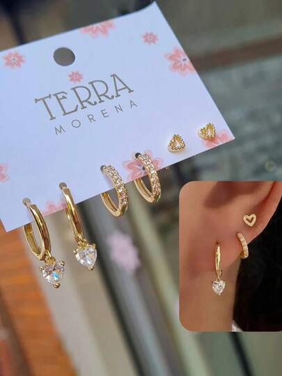 Set de 6 pendientes de aro con forma de corazón minimalistas de moda para mujeres, con incrustaciones de circonita de cobre brillante, hipoalergénicos, de diseño pequeño y delicado, ligeros y versátiles, adecuados para múltiples perforaciones de oreja