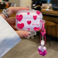 Pink Heart Element Soft Thick Bluetooth Earphone Case Heart-Patterned Heart-Shaped Frame Design Compatible With Airpods Pro 3/ 4, 3, 1/2, Pro, Pro 2 Bluetooth Earphone Case Protective Cover Spring Birthday Gift Party Case - Multicolor - View 2
