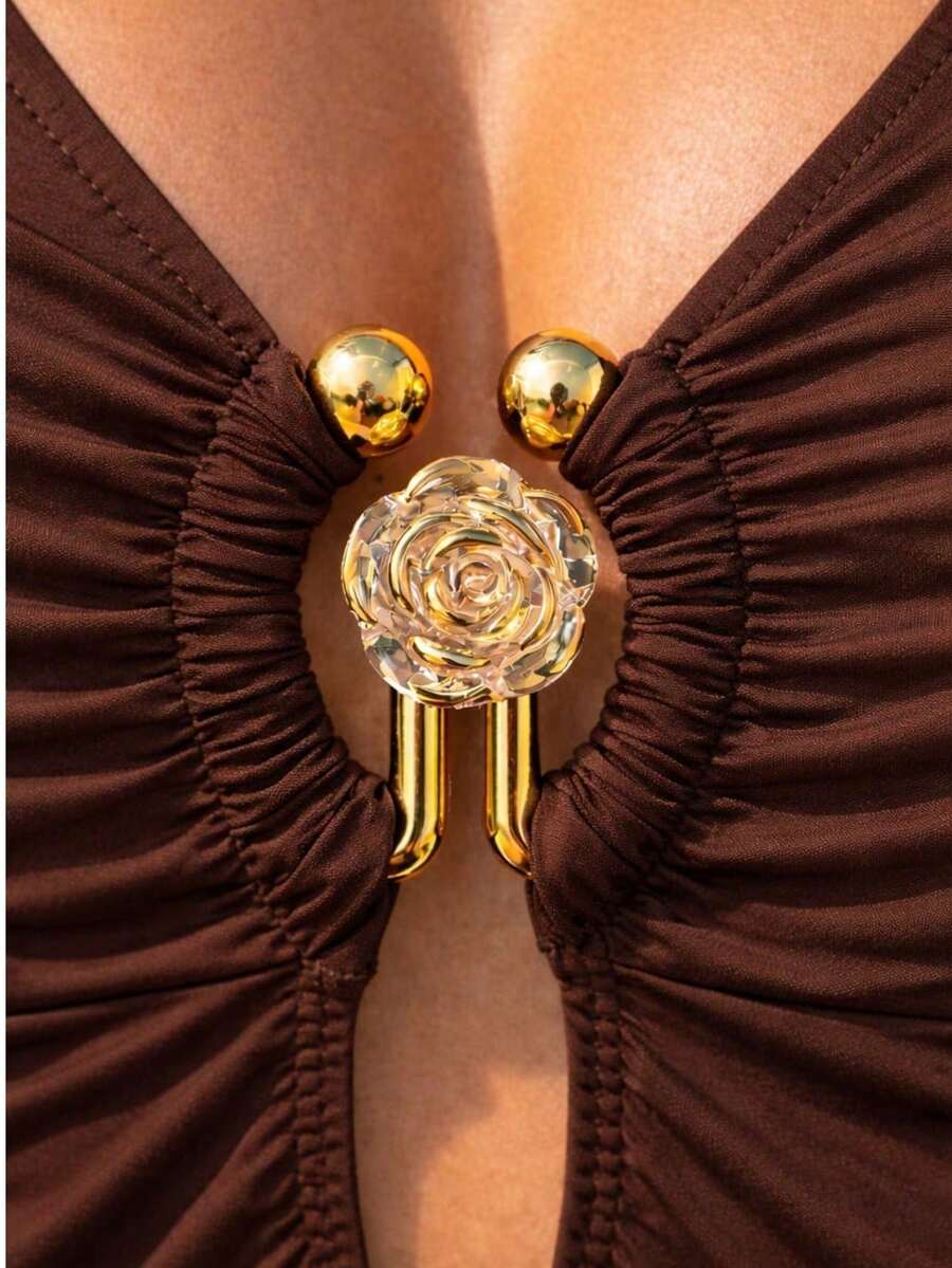 Women's Swimsuit With Side Details. - Chocolate Brown - View 1