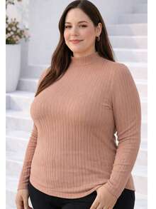 Women's Plus Size Long Sleeve Blouse With Medium High Ribbed Neck, Premium Comfortable Viscose - Marrón Mocha - Ver 2