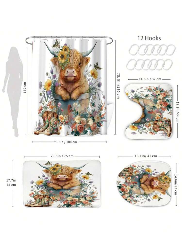1/4 件套可爱奶牛花卉浴室套装，包括浴垫、U型马桶垫、马桶盖套、防水浴帘（带12个挂钩）、装饰性浴室配件，180*180厘米 - A - 查看 4