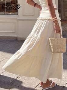 Aflion 女士高腰褶皱层叠长款连衣裙 - 法式复古甜美风格，适合夏季海滩、度假、约会、乡村等场合 - 黃色 - 查看 2