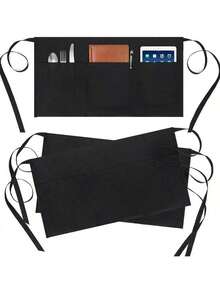 1pc Black Apron For Server, Made Of Durable Polyester Blend Fabric With 3 Large Pockets, Adjustable Waist Strap, Lightweight And Water-Resistant, Suitable For Restaurants, Cafes, Catering Services And More. Ideal For Waiters, Bartenders, Teachers, Gardeners And Home Chefs To Keep Essentials Organized And Hands-Free, Presenting A Professional Look For Breakfast, Lunch, Dinner Service, Holidays And Everyday Use. - Half-length - View 2