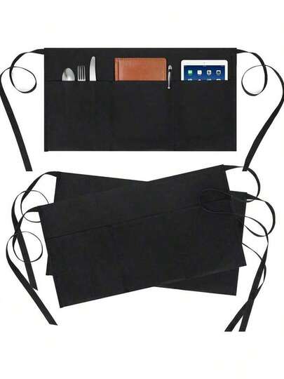 这款黑色女服务员围裙采用耐用的涤纶混纺面料制成，配有可调节腰带，轻便防水，并带有三个大口袋，适合餐厅、咖啡馆、餐饮服务等场所使用。它也非常适合服务员、调酒师、教师、园丁和家庭厨师使用——方便您整理随身物品，解放双手，让您在每次工作中都展现专业形象。无论是早午餐、晚餐服务、节日派对还是日常使用，都是理想之选。