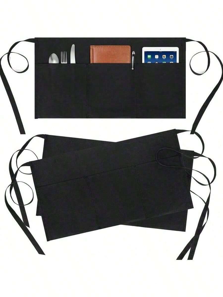1pc Black Apron For Server, Made Of Durable Polyester Blend Fabric With 3 Large Pockets, Adjustable Waist Strap, Lightweight And Water-Resistant, Suitable For Restaurants, Cafes, Catering Services And More. Ideal For Waiters, Bartenders, Teachers, Gardeners And Home Chefs To Keep Essentials Organized And Hands-Free, Presenting A Professional Look For Breakfast, Lunch, Dinner Service, Holidays And Everyday Use.