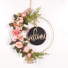 1 vòng hoa nhân tạo có biển chào mừng, lá nho và hoa thược dược trang trí cho cửa trước, mọi mùa - Nhiều màu - Xem 31