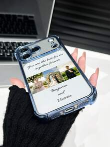 1pc Customized 3-Photo DIY Name Phone Case, Blue Electroplated Transparent 4-Corner Anti-Drop Material Compatible With Iphone 17 Pro Max/16 Pro Max/15 Pro/14 Plus/13/12/11/XR/XS MAX And S26/S25 Ultra/S24 Ultra/S23 Ultra/S22 Ultra/S21 Ultra/S21 Plus/S21 FE/S20 FE, Fashionable, Colorful, Cute, Fun, Minimalist, Matching Phone Case, Kawaii Customized, Personalized, Unique, Ideal Customized Gift For Boyfriend, Girlfriend - Blue - View 5