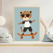 1幅帆布防水墙画，带框，婴儿房装饰，滑板猎豹儿童房装饰，现代男孩房墙画，乡村风格艺术，儿童房墙面装饰，波西米亚游戏室装饰，可爱趣味儿童房装饰，充满活力的现代墙画，卡通动物装饰画 - 彩色 - 查看 9