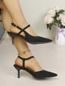New Women's Black Suede Pointed Toe Criss-Cross Strap, Open Back Mid-Heel Sandals, Elegant Office Shoes - Black - View 3