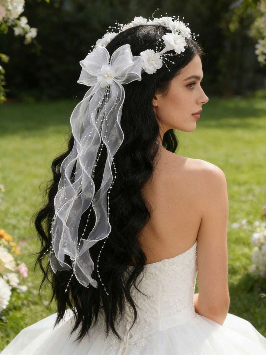 1pc Girls' First Communion Hair Accessory, Flower Crown With White Flowers, Pearls, Tulle And Ribbon Decor For First Communion Wedding Flower Girl - Multicolor - View 1