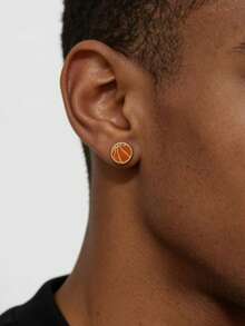 1 Pair Men's Stainless Steel Sports Series Earrings, Fashionable Minimalist Design Basketball, Football, Volleyball, Baseball - Ball-shaped Earrings - View 2