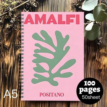 Sổ tay lò xo A5, nền hồng với họa tiết cây xanh chủ đề bờ biển Amalfi, sổ tay lò xo Positano với họa tiết cây nhiệt đới, thiết kế bìa sáng tạo, phù hợp để ghi chép hàng ngày, làm văn phòng phẩm, đồ dùng học tập, ghi chú bài học, món quà lý tưởng.