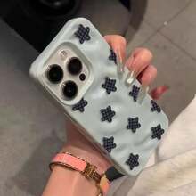 Adorable Black Checkered Star Pattern Phone Case Compatible With IPhone 17 16 15 Plus 14 13 12 11 Pro Max 14 Plus,Shockproof Crinkled Texture Soft Cover - Blue - View 5