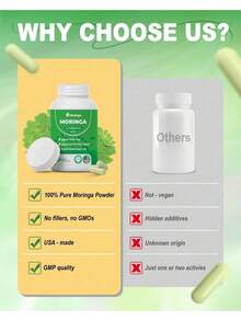 Moringa Capsules – 800mg Pure Moringa Powder Supplement – 60 Capsules For Natural Energy, Immune System, Skin & Gut Health Support, Green Antioxidant Superfood, Essential Vitamins & Amino Acids - 1 - 查看 6