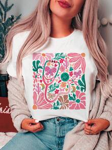 Retro Nurse Health Care Boho Floral Graphic Print T-Shirt, Short Sleeve Crew Neck Casual Top For Summer & Spring, Women'S Clothing - 白色 - 查看 10