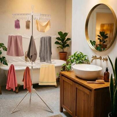 3단 접이식 빨래 건조대 360° 회전 빨래 걸이 16개 클립으로 27벌 건조 가능 발코니 침실 거실에 적합 공간 절약형 수직 옷걸이, 녹 방지 금속 프레임, 높이 조절 가능, 간편한 접이식, 작은 공간에서 옷장 필수품을 자연 건조하기 위한 다기능 가정용 세탁 정리함