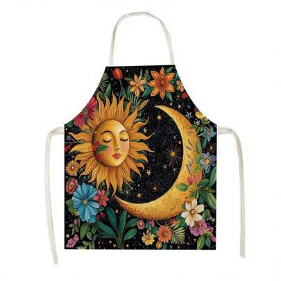 1pc Exquisite Picture With Sun, Moon And Flower Patterns Kitchen Apron, Suitable For Kitchen, Living Room, Dining Room, Hotel, Outdoor Barbecue, Cleaning And Other Scenarios, Made Of 100% Polyester Material, Light - Weight, Machine - Washable, Large - Size Apron