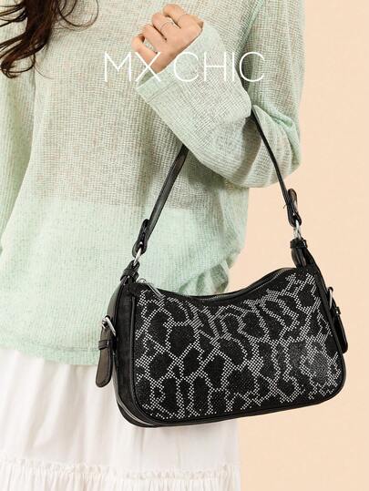 1个女士撞色PU新月形单肩包，拉链封口斜挎法棍包，适合通勤、购物和送礼