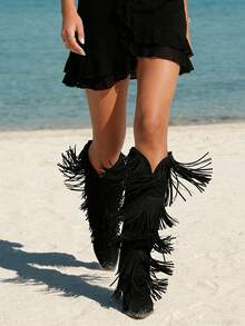 Suede Tassels Western Boots For Women Knee High Chunky Heel Cowboy Cowgirl Boots Retro Wild Party Festival Shoes - màu đen - Xem 5