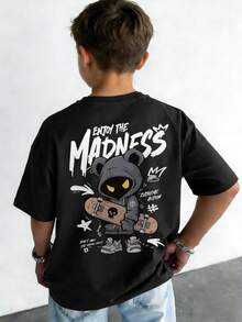 Camiseta de cuello redondo de manga corta con estampado informal para niños preadolescentes, top de verano - Negro - Ver 8