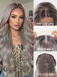 Perucă sintetică 100% importată, perucă frontală cu dantelă 13*6, 26 inch, culoare argintie, peruci sintetice pentru femei, păr natural rezistent la căldură, cosplay, perucă sintetică colorată, păr la temperaturi ridicate, pentru femei, stil de zi cu zi pentru sărbători, perucă sintetică, perucă țesută pentru Halloween și Crăciun - Argint - Vizualizare 3