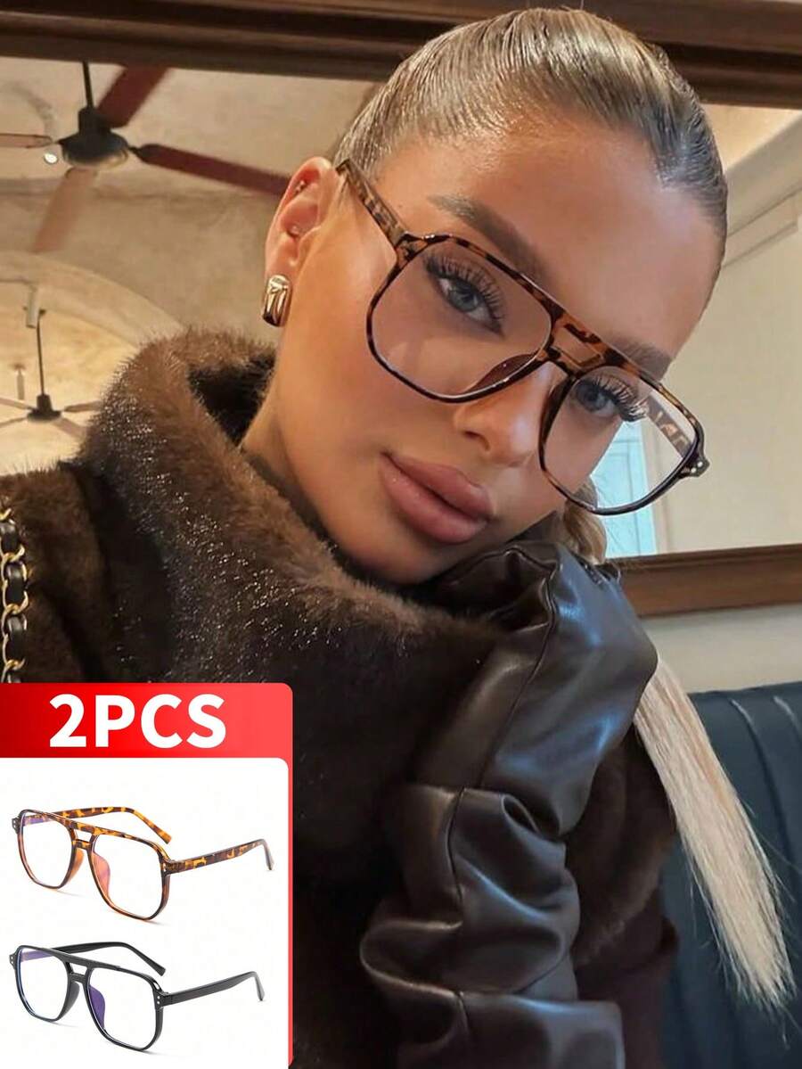 2pcs Women's Polygon Large Frame PC Leg Decor Fashion Street Style Eyeglasses, Suitable For Summer Beach Vacation, Outdoor Travel, Leopard Tortoiseshell Bohemian Frame, Essential For Vacation, Beach, Travel, Back To School