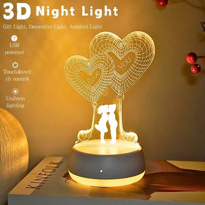 1 pieza Luz nocturna de ilusión 3D de pareja romántica y corazón, alimentada por USB, con interruptor de grieta y táctil de 7 colores, lámpara de mesita de noche de tres colores suaves, regalo de pareja, regalo de aniversario, decoración de dormitorio (tema de amor moderno)