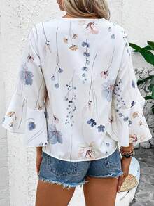Plus Size Women V-Neck Embroidered Floral Batwing Sleeve Top Vacation White - White - View 3