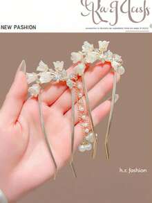 1个U形铃兰花中国风流苏发簪发夹配饰 - 彩色 - 查看 4