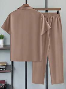 Plus Size Men's Loose Short Sleeve Pants Set, Woven Non-Stretch Straight Collar Button Front Casual Suit For Daily Wear - Khaki - View 9