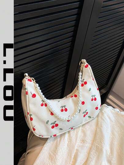 Bolso de hombro con cadena de perlas en forma de media luna, con estampado de cerezas, bolso baguette de hombro elegante, bolso pequeño de mano, bolso casual para exteriores, bolso versátil para ir y venir
