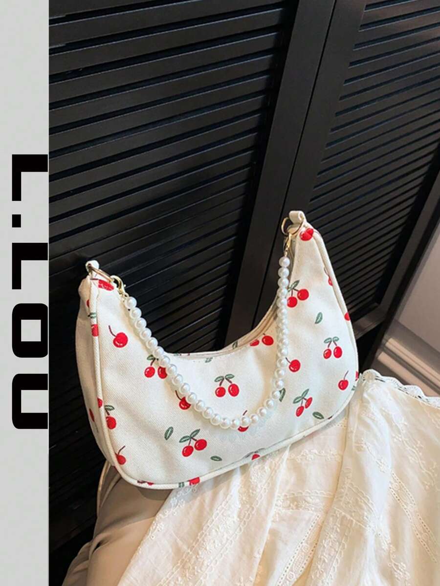 时尚珍珠链条新月形单肩包，樱桃图案，时尚法棍单肩包，手提小包，户外休闲包，多功能通勤包 - 米色 - 查看 1