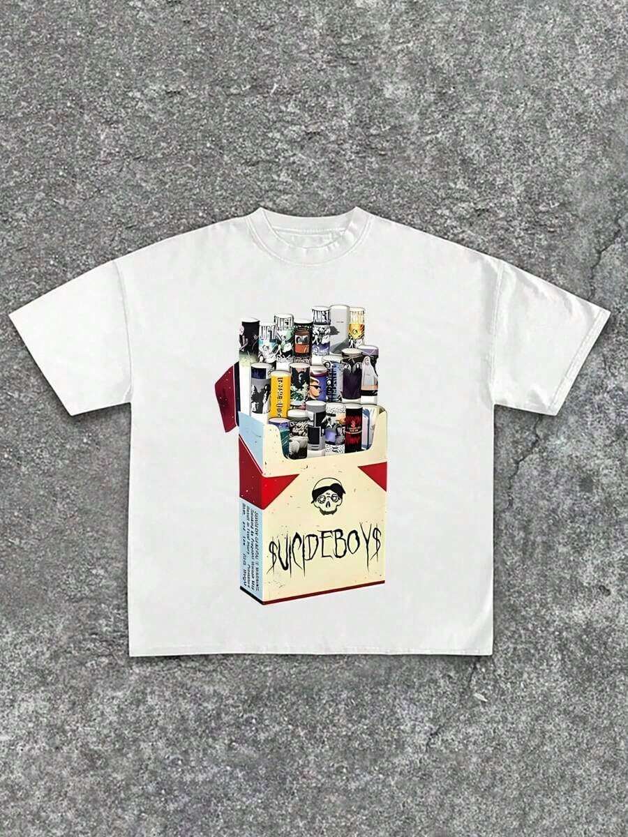 Uicideboy Cigarette Pack Graphic T Shirt, Graphic Tees, Summer Round Neck Short Men's T Shirt,Pure 220 Grams Cotton Sleeved T-Shirts, Halloween,Summer Clothes Women,Spring Tops For Women,Graphic T Shirts,Summer Vacation Outfits - White - View 1