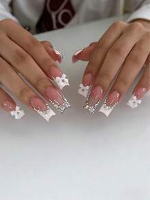 24pcs Square Press-On Nails, White French Design, 3D Colorful Diamonds & White Bow Decor, Fresh Style, Full Coverage Fake Nails, Suitable For Women & Girls Daily Wear - Multicolor - View 1
