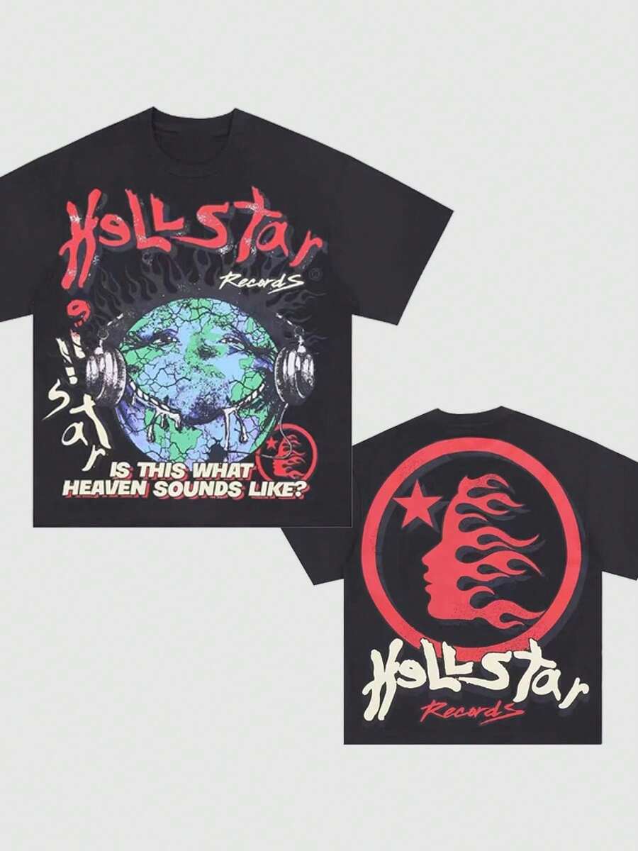 Hellstars Is This What Heaven Sounds Like? Earth Headphones Y2K T-Shirt Double Sided Printed (220g 100% Cotton T-Shirt), Summer Clothes, Women's Tops, Casual And Comfortable, Fashionable Graphic Tee, Unisex Style - Black - View 1