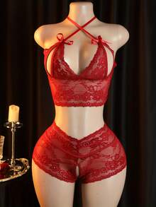 2pcs Sexy Lace Lingerie Set: Top + Panty, Women's Underwear And Sleepwear - Red - View 6