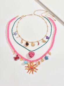 3pcs Bohemian Handmade Beaded Necklace Set With Crab, Heart, Starfish, Avocado Pendants, Cute Beach Vacation Necklace With Lobster, Shell, Chili Pepper Beads For Women, Handmade With Slight Bead Color Imperfections - Multicolor - View 5