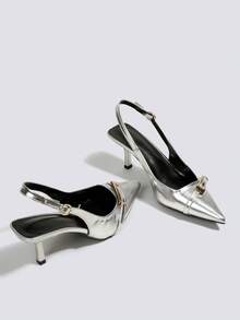 Women's Silver Backless High Heel Pumps, Party Formal Wedding Mary Jane Pointed Toe Slip-On High Heels - Silver - View 4