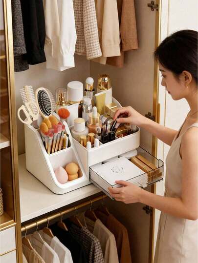 1pc Large Capacity Makeup Storage Box, Drawer Style Desktop Organizer, Vanity Table Skincare & Lipstick Holder, Tall Bottle Friendly, Dust-Proof Vanity Organizer, Multi-Layer Storage Rack, Suitable For Cosmetics & Skincare, Compact Desktop Display Stand, No Power Needed, Perfume Holder