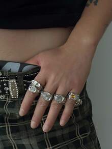 5pcs Fashion Punk Liquid Geometric Metal Rings, Inlaid With Rhinestones, Adjustable Knuckle Rings - Gemstone Matte Ring - View 3