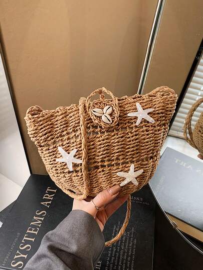 夏季海滩度假斜挎包，饰有贝壳、海星和编织手机袋，新款小众女士水桶包