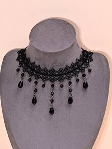 1pc Gothic Retro Dark Water Drop Tassel Choker Necklace, Bohemian Lace Collar Necklace Suitable For Women's Daily, Banquet, Dance Party, Festival Gift - Necklace - View 1