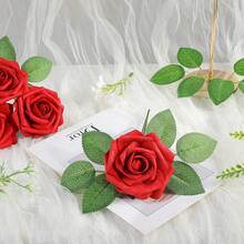 25朵仿真玫瑰花+3片叶子，美丽逼真的带茎玫瑰，适合DIY婚礼花束中心装饰、派对装饰、情人节圣诞树装饰（OPP袋包装） - 紅色 - 查看 4