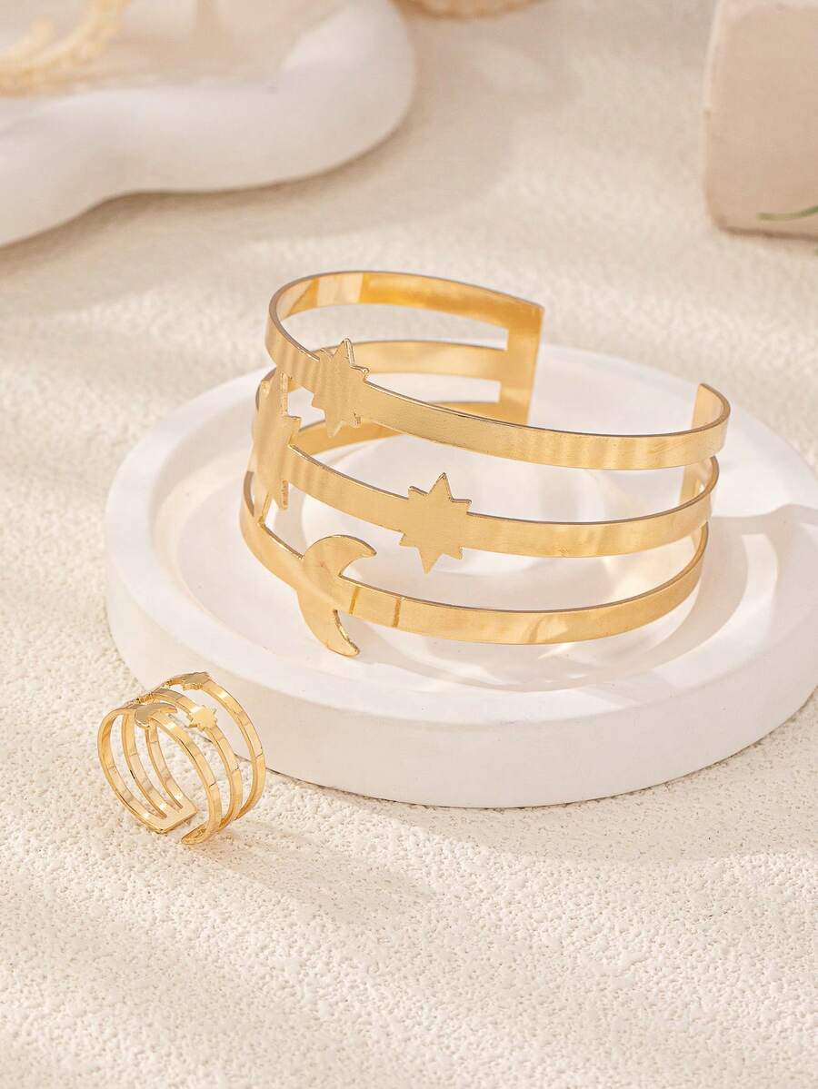 Set de 2 piezas de brazalete y anillo con diseño exagerado de estrella y luna, ajustable, adecuado para uso en fiestas y días festivos de mujeres - Dorado - Ver 1