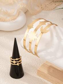 Set de 2 piezas de brazalete y anillo con diseño exagerado de estrella y luna, ajustable, adecuado para uso en fiestas y días festivos de mujeres - Dorado - Ver 5