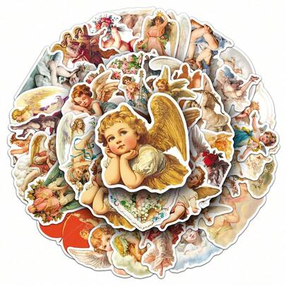 50pcs The Rhythm Of Angels Western Mythological Figure Cupid Stickers Retro Fantasy Sun Ins Y2K Downtown Aesthetic Stickers Gifts Humorous And Funny Stickers 80S 90s Anime Stickers For Scrapbook Supplies Envelope, Water Bottle, Computer, Laptop, Phone, Luggage, Notebook, Fridge,Festival Party,Christmas Decoration New Year Winter