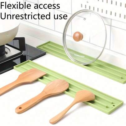 节省空间的窄型设计（1件/2件装）——锅具、锅盖和锅铲架，配有耐热防滑台面垫，适用于燃气灶和电磁炉。易于清洁，方便厨房使用，采用塑料材质，保护炉灶台面。产品特点包括：锅具收纳、纤薄设计、紧凑收纳、锅盖架，适合公寓居住。