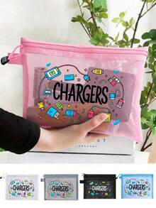 Multi-Color Mesh 'charges' Themed Organizer Pouch, Transparent Mesh Zipper Bag For Charging Cables,Cosmetics, Snacks & Medication Storage,Portable Mesh Pouch For Daily Organization, Travel & Gift-Giving To Tech Enthusiasts, Functional Mesh Storage Bag Ideal For Cable Management, Accessory Tidying,Small Gift Exchange, Birthday Gift, Mother's Day Gift - Multicolor - View 2
